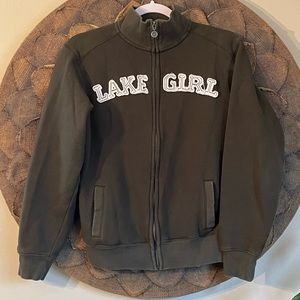 Lake Girl Olive Raised Embroidered Zip Up Sweatshirt